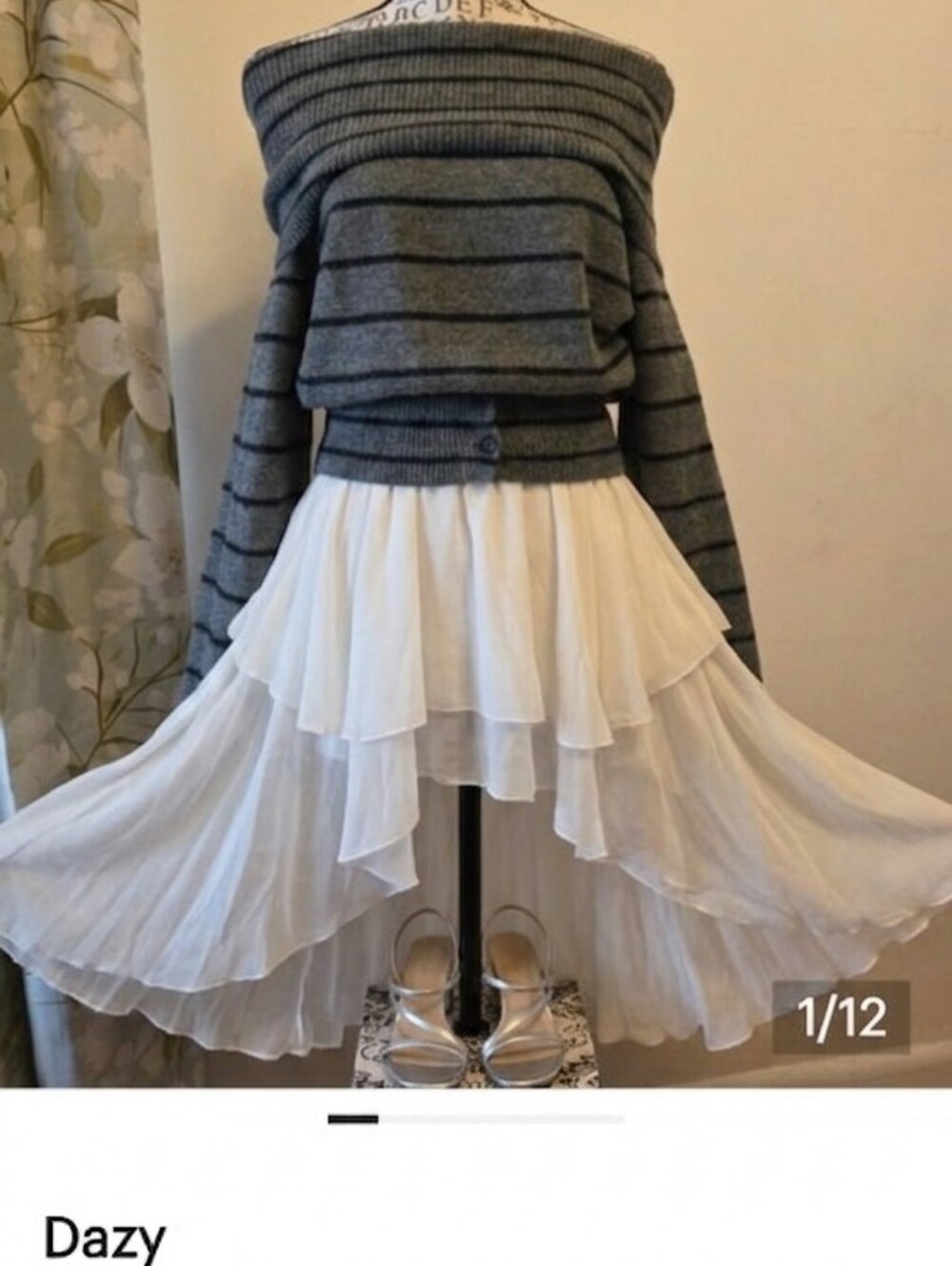 Grey Striped Off-the-Shoulder Women's Sweater